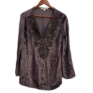 Boston Proper Velvet Beaded Tunic Top Boho Luxe Embellished Sheer Sleeve Small